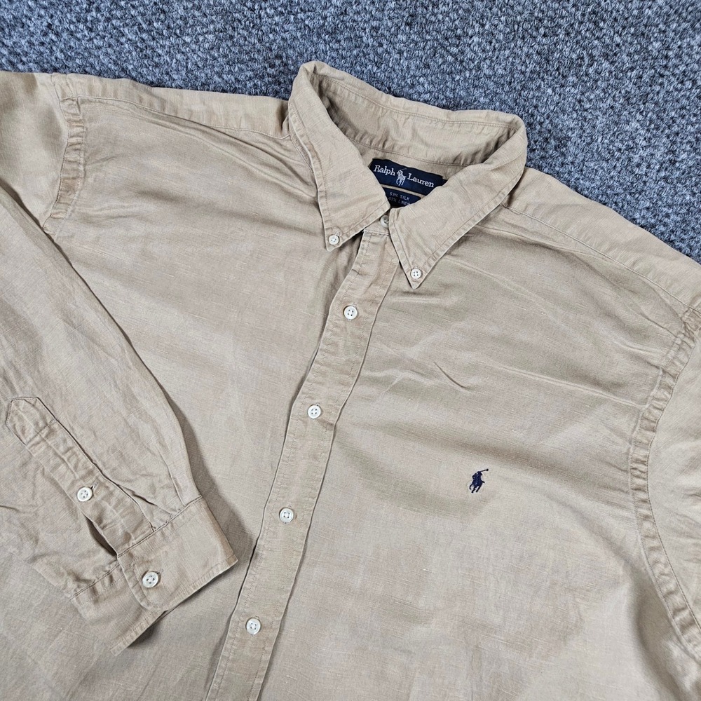 Ralph Lauren Mens Silk Linen Button Down Shirt Tan Khaki Long Sleeve‎ XXL Big